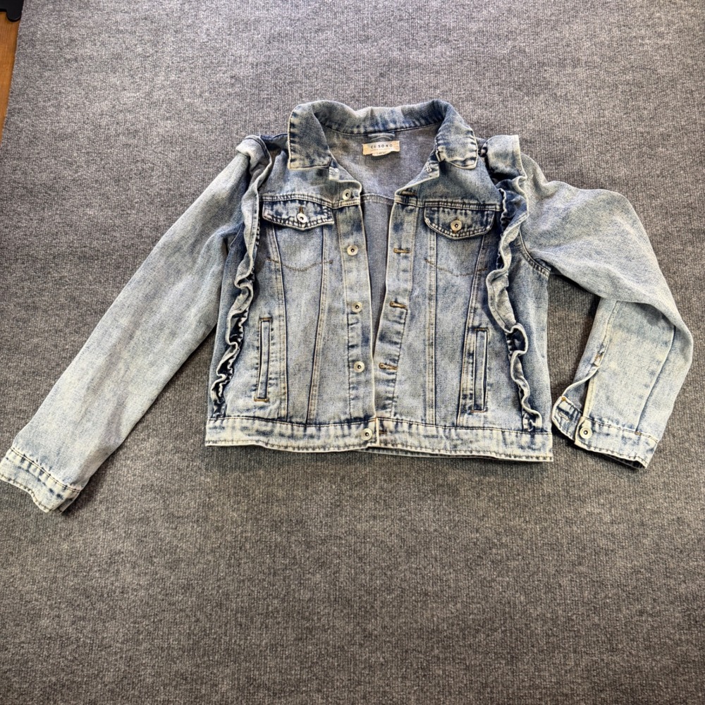 Y2K Ci Sono Denim Collection Ruffle Trim Trucker Jacket Medium Wash Blue Large L
